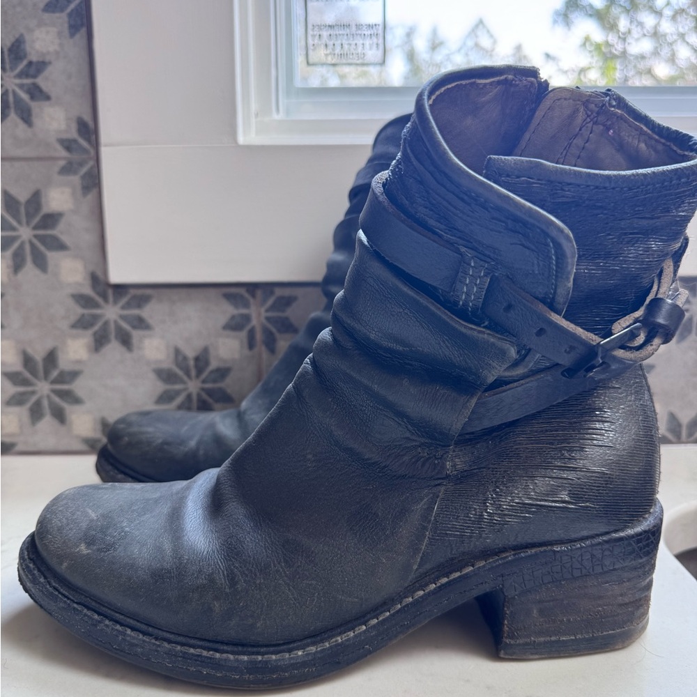A.S.98 Black Biker Leather Ankle Boots